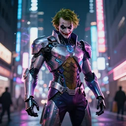 futuristic joker with cyber armor in tokyo street, neon lights, cyberpunk, magic, intricate, sharp focus, lens flare, bloom, rim light. full body front view. concept art by ruan jia