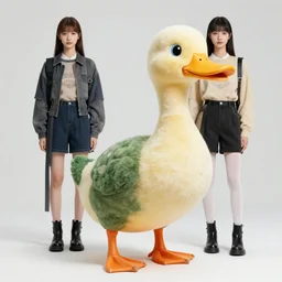 a fashion studio photo of a duck dinosaur hybrid