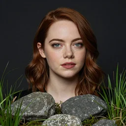 Emma Stone portrait by Anton Pieck, Chris LaBrooy, David Hockney, dark background, grassy stones