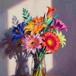a bouquet of colorful flowers, flowers with very long petals,afternoon sunlight, hard light and long shadows, neon glowing, vivid, detailed painting, by James Jean and Ross Tran, masterpiece, award winning painting