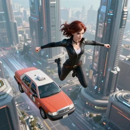 Mila Jovovich  as Leeloo from the Fifth Element Jumping over a flying Taxi seen from above. Futuristic city 8k. Luc Beson. Cinematic lighting. Hollywood. flares. Flying cars. insanely detailed, trending on artstation, sharp focus, post-processing. 35mm film.