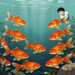 An aesthetically pleasing, dynamic, energetic, lively, well-designed digital art of goldfish in a pond viewed from underwater, by Akita Toriyama and Ohara Koson and Thomas Kinkade, Traditional Japanese colors, superior quality, masterpiece, excellent use of negative space. 8K, superior detail, widescreen.