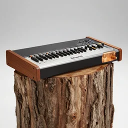 a nature photograph of a roland sp 4 0 4 sampler made out of bark, wood, mushrooms and moss growing out of a fallen log. knobs, cables, keys and screen,