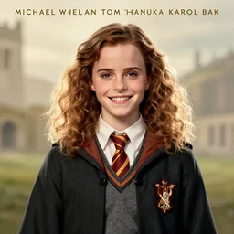 Poster artwork by Michael Whelan and Tomer Hanuka, Karol Bak. Rendering of Emma Watson as Hermione Granger. Smiling. Happy. Cheerful. Backlit. Extreme close up. Clean. Full of details. By Makoto Shinkai and thomas kinkade. Matte painting. Trending on artstation and unreal engine.