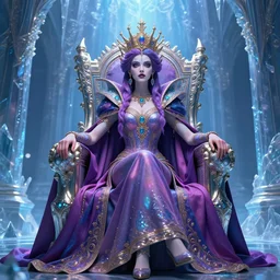 a psychedelic queen in regalia sitting on a throne in an icy realm at her shrine, intricately detailed, physically based rendering, realistic, in the style of wlop, illustration, epic, fantasy, hyper detailed, smooth, unreal engine, sharp focus, ray tracing