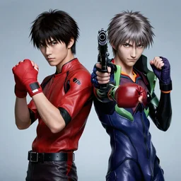 still from studio khara movie evangelion 1 0 you are ( not ) alone, shinji higuchi and tomoki kyoda, dante from devil may cry 2 0 0 1, a gun in both hands, symmetrical face, boxing boxing bandages
