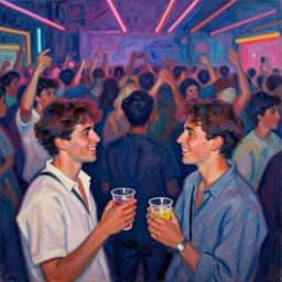 in the front 2 friends partying with drinks in their hands, in the back a huge crowd and neon lines, impressionist