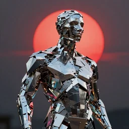 realistic 8k Roberto Ferri Sculpture of random jagged reflective metal pieces forming the shape of a person silhouetted by a bright red sun, godrays, glinting metal, neon colors, cyberpunk, smooth, sharp focus, 24mm lens, DOF, hyper realistic, art by Greg Rutkowski and Ruan Jia and Giger