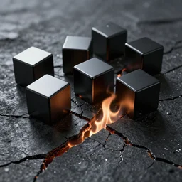 shiny black cubes, crashed in the ground, cracks, gas fire in cracks, stars reflecting, hd photograph