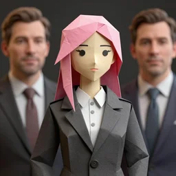 origami woman, wearing a business suit, by tom bagshaw and ilya kuvshinov, rtx rendering, pink hair, octane render 1 2 8 k, maya, extreme high intricate details by wlop, digital art by ross tran, medium shot, close up shot, composition by sana takeda, dramatic lighting by greg rutkowski
