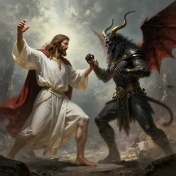 Jesus Christ fighting Lucifer, digital art,ultra realistic,ultra detailed, ultra wide Lens, art by greg rutkowski