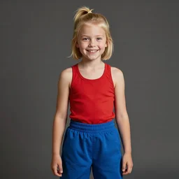 digital art, a short athletic blonde girl, ponytails, happy and spirited expression, medium shot, red tank top and roomy blue pants