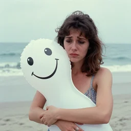 A sad woman wearing a happy inflatable toy to the beach, 1980, color film expired film, aged photo, fellini almodovar john waters, wim wenders
