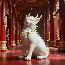 white porcelain creature with golden edges, in a giant red porcelain hallways with golden ornaments on the walls, concept art, artstation, by anato finnstark