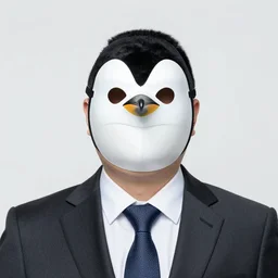 Photo of a man in a suit wearing a mask of an emperor penguin, 4k, photorealistic, hd