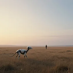 a lone human explorer finds an abandoned robotic animal on the empty plains at dawn, ethereal sci fi atmosphere art by greg rutkowski