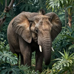 henri rosseau. close up of an zebra elephant mutant peeking through tropic plants.