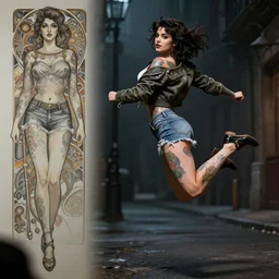 tattooed pinup girl samara weaving wearing a jacket and ripped shorts running and jumping in a dark street, character sheet, character design,, contrast, deep focus, turnaround, highly detailed, dramatic lighting, digital painting, artstation, concept art, matte, sharp focus, illustration, elegant, art by artgerm and greg rutkowski and alphonse mucha.