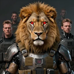 wearing tactical armor, anthropomorphic lion, lion face, cyborg, neon red eyes, masterpiece, by donato giancola and greg rutkowski and wayne barlow and zdzisław beksinski, realistic face