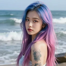beautiful asian girl with tattoo's and blue pink purple long hair looking in the camera with sea with big waves in the background, portrait, 8 k, digital art, detailed realistic eyes.