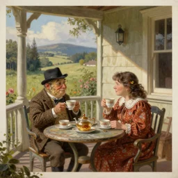 Mister and Missus Toad drinking tea on their porch. Stunning painting.