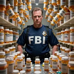 fbi agent surrounded by pill bottles, beksinski, wayne barlowe, very coherent symmetrical artwork, cinematic, hyper realism, high detail, octane render, 8 k