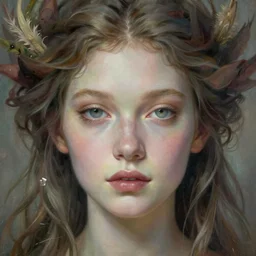 portrait of beautiful gaia, unusual beauty, esoteric, sweet soft muted colors, head in focus, fantasy art, nature aesthetics, intricate, elegant, highly detailed hyperrealistic painting, artstation, concept art, painterly, sharp focus, illustration, art by emilia elfe