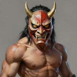 A head-on detailed oil portrait of muscular martial artist wearing oni mask by greg rutkowski and artgerm, trending on artstation,  dungeons and dragons art