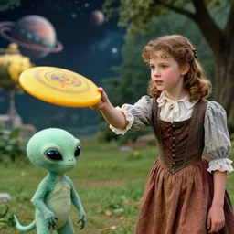 detailed, sharp, a boy and a girl playing frisbee with their cute pet humanoid alien, wearing 1850s era clothes, in a park on an alien planet, extremely highly detailed, in focus faces, 70 mm still from a period sci fi color movie, 4k, HD, cinematic lighting