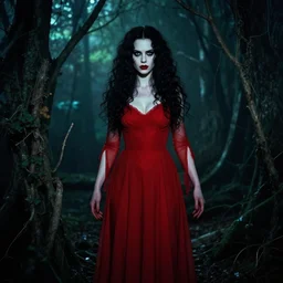 brandon woelfel, full body, pretty alyson hannigan, evil dead demon, evil dead movie, red dress, symmetrical eyes, symmetrical face, long curly black hair, trees, forest, branches, cinematic lighting, evil dead creature, scary, blood