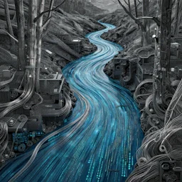 lava river by jeffrey smith and wlop and gustave dore, featuring rhodium wires, circuitry, code, binary, cryptonomicon, dmt entity, ambient occlusion, 3 d concept render, scientifically accurate, artstation, intricate, beautiful, look at that detail!