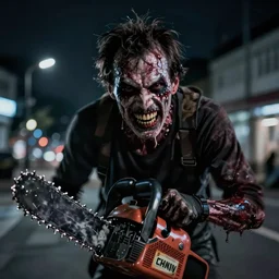aggressive psychopath with chainsaw-teeth looking at camera, horror lighting, at night, cctv footage, out of focus, motion blur