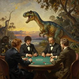 dinosaurs playing poker, Painting by Cassius Marcellus Coolidge, Brown & Bigelow