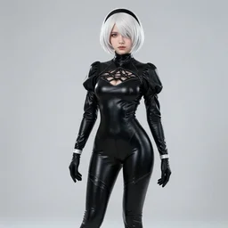 a fullbody portrait of a petite slender 2 b from nier automata, white hair, soft facial features : : in a tight black shiny latex catsuit, long sleeves, turtleneck : : cosplay, photography, studio photography, real lighting, realistic, hd : :