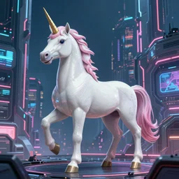 unicorn in a futuristic cyberpunk town. By Peter Mohrbacher, highly detailed
