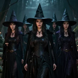 a coven of witches, dramatic lighting, cinematic, establishing shot, extremely high detail, foto realistic, cinematic lighting, post processed, concept art, high details, cinematic, 8k resolution, beautiful detailed, photorealistic, digital painting, artstation, concept art, smooth, sharp focus, artstation trending, octane render, unreal engine
