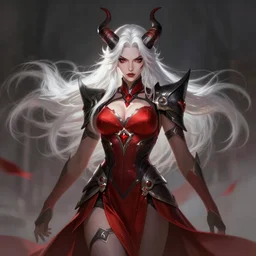 a highly detailed illustration of fierce beautiful long white haired horned demon woman wearing red and black battle dress, dramatic power pose, perfect face, perfect body, intricate, elegant, highly detailed, centered, digital painting, artstation, concept art, smooth, sharp focus, league of legends concept art, wlop.