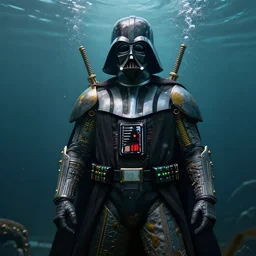 underwater steampunk biopunk portrait of darth vader, au naturel, hyper detailed, digital art, trending in artstation, cinematic lighting, studio quality, smooth render, unreal engine 5 rendered, octane rendered, art style by klimt and nixeu and ian sprigger and wlop and krenz cushart.