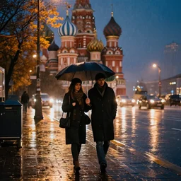 a pair of lovers walking down the street in Moscow during an autumn raining night in the style of The New Yorker