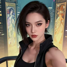cyberpunk woman in a metropolis, high detail, crisp shading, in the style of greg rutkowski and alphonse mucha and andree wallin, artstation, selfie