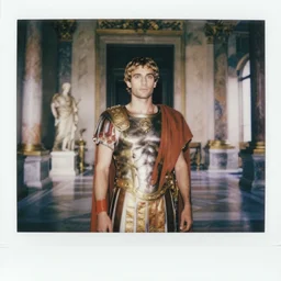 polaroid photograph of a man wearing roman emperor clothing in a pristine marble palace with romans, photorealistic, dramatic lighting, intricate details