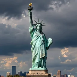 professional cityscape photo of the statue of liberty as a native indian with head dress, coper cladding