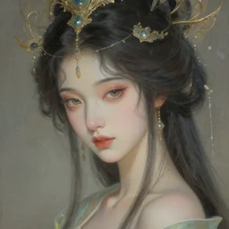 portrait of a beautiful celestial goddess, sweet, graceful, esoteric, muted colors, head in focus, fantasy art, ornamental, intricate, elegant, highly detailed, hyperrealistic painting, artstation, concept art, painterly, sharp focus, hasselbrad photography, illustration, art by chie yoshii