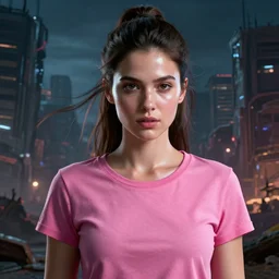 an portrait of a beautiful female survivor in a pink t shirt, apocalyptic city backround, shiny skin, flowing tied hair, fine details. night setting. realistic shaded lighting poster by craig mullism, artgerm, jeremy lipkin and michael garmash, unreal engine, radiant light, detailed and intricate environment, digital art, trending on art station,
