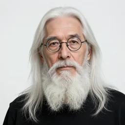 ! dream man in his 5 0 s with long white hair, a white chin beard without mustache and small thin - frame round glasses