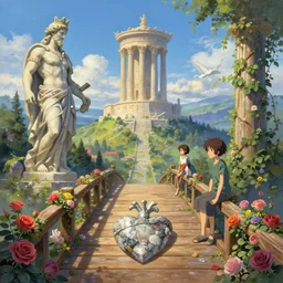 little wood bridge painting of Atlantis zeus statue and hill valley grec temple of olympus glory tower  ivy plant grow flower multicolor rose, in marble incrusted of legends heartstone official fanart behance hd by Jesper Ejsing, by RHADS, Makoto Shinkai and Lois van baarle, ilya kuvshinov, rossdraws global illumination