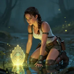 Sandra Bullock as Lara Croft as a ruggedly handsome heroine kneeling next to a glowing artifact lodged in shallow water, intricate, elegant, highly detailed, artstation, concept art, smooth, sharp focus, illustration, bokeh art by artgerm and donato giancola and Joseph Christian Leyendecker, WLOP, fireflies