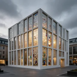 cinematic photography of art museum made out of small stained glass panes and white concrete in an urban context, dramatic grey sky, soft natural light, glowing windows, architectural photography, heatherwick studio style, wide angle, color, photoreal