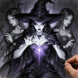 Gorgeous and beautiful grown up anime women as a evil witch with pale white skin casting a spell ,Evil cat eyes , artstation , 4K , Highly detailed , high quality , dramatic lighting , drawn by anyone with a pencil , elegant, highly detailed, centered, digital painting, artstation, concept art, artgerm, donato giancola, Joseph Christian Leyendecker, WLOP, Boris Vallejo, Artgerm