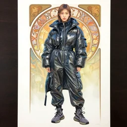 a copic maker realistic portrait of a single kpop idol girl by yoshiyuki sadamoto, alfons mucha wearing a dark puffy anorak latex pilot suit futuristic and yeezy sneakers chic, zippers, belts & velcro galore, cargo pants chic'techno fashion trend by issey miyake and balenciaga streetwear utility 8 k